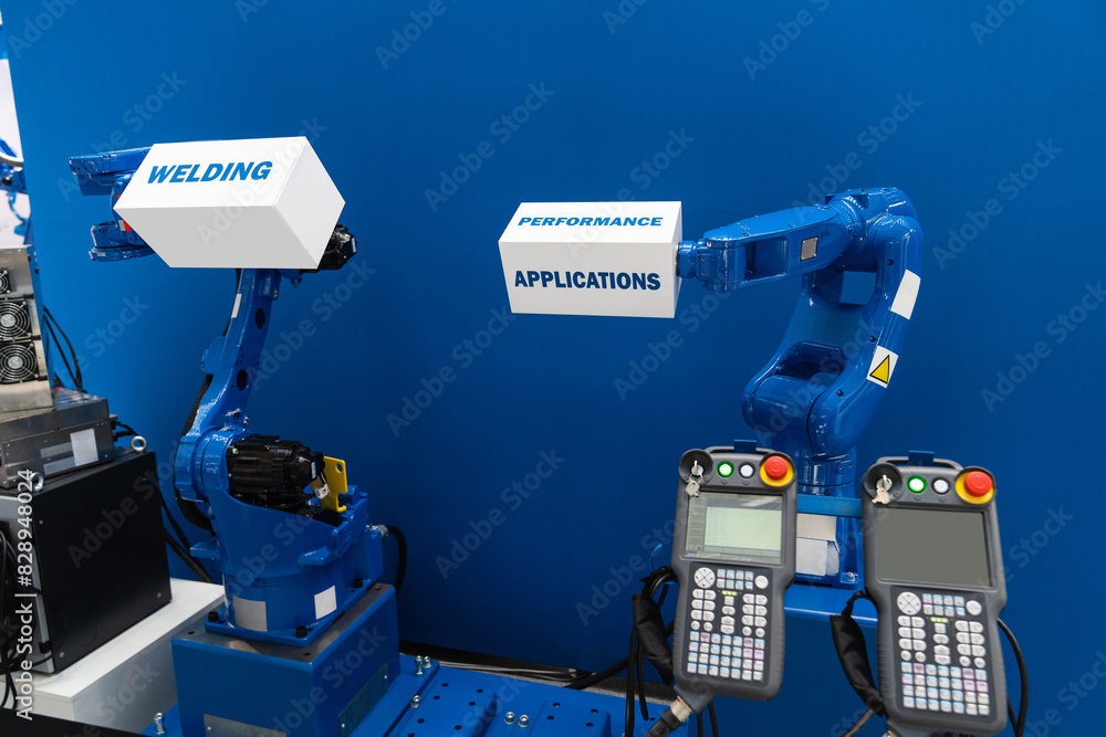 Poster robot arms on a blue background. smart industry concept..