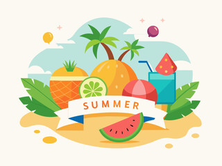 Vector illustration of summer greeting banner with tropical fruits like watermelon, coconut juice, and beach elements 