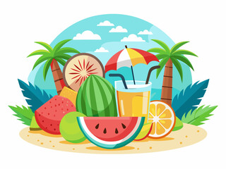 Vector illustration of summer greeting banner with tropical fruits like watermelon, coconut juice, and beach elements 