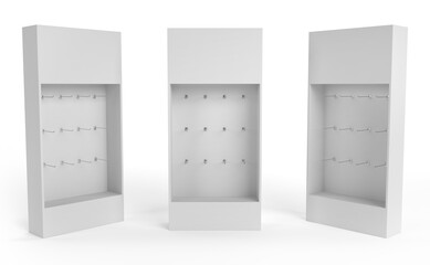 Supermarket Promotional Display Rack, Empty Product Display, PDQ Display Box With Three Different View, Floor Stand Display. 3D Rendered.