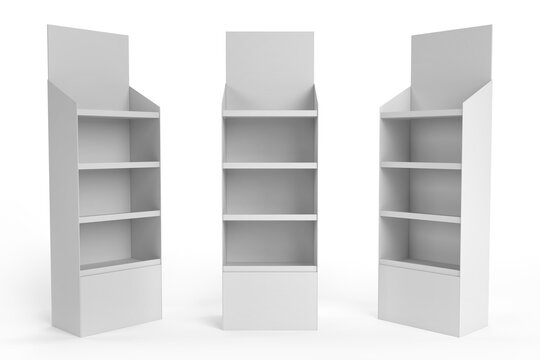Supermarket Promotional Display Rack, Empty Product Display, PDQ Display Box With Three Different View, Floor Stand Display. 3D Rendered.