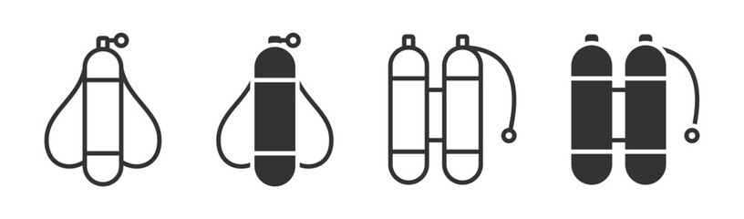 Vector illustration of scuba tanks in various designs, featuring minimalist black and white style.