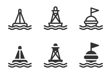 Set of vector illustrations of different types of marine buoys in a simple black and white design. © Burbuzin