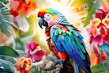 Obraz premium Vibrant parrot in digital oil painting style with ethereal airbrushing. Meticulous details against pure white backdrop