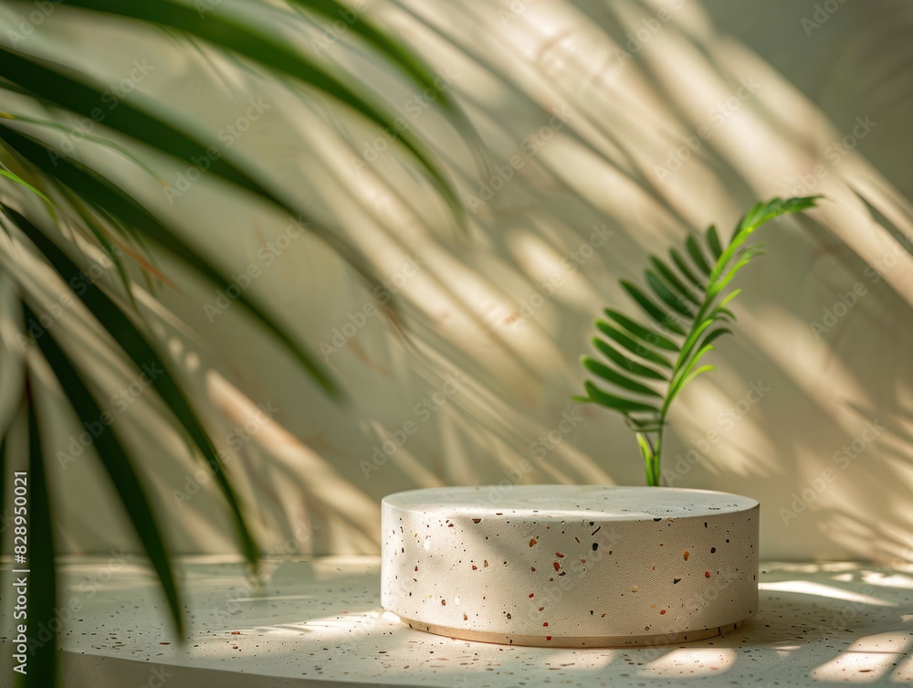 Poster minimalist setting with a terrazzo pedestal and a single green leaf in soft natural light, creating 