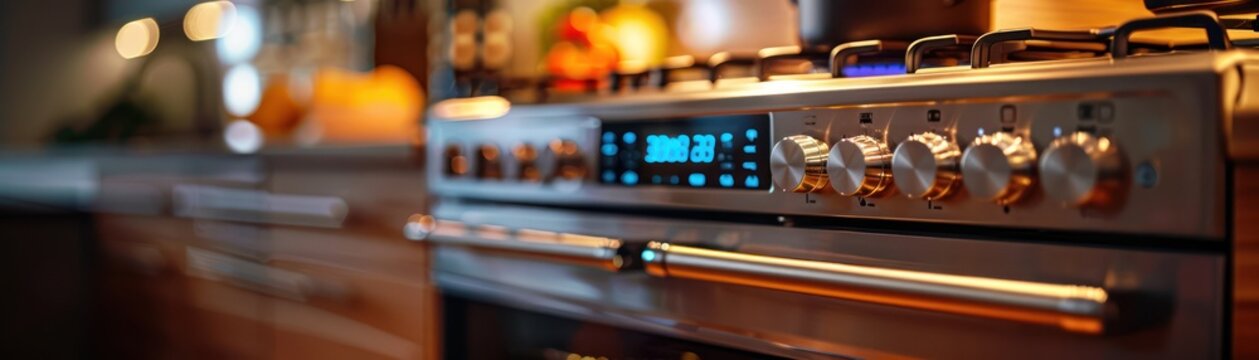 Modern stainless steel kitchen stove with digital display and control knobs, perfect for home cooking and culinary enthusiasts.