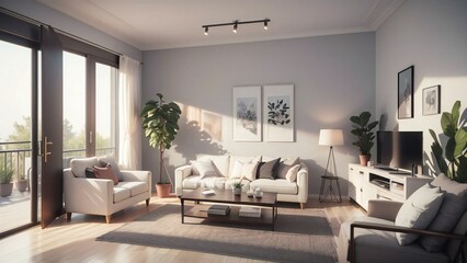 Modern living room interior with cozy furniture and beautiful natural light creating a tranquil atmosphere