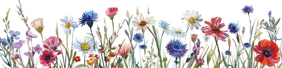 Fototapeta premium Floral border with spring wild flowers on transparent background, Botanical banner with herbal plants, blooms for decoration