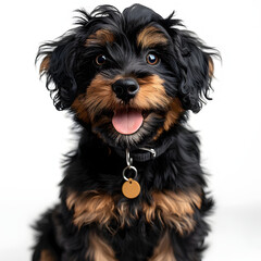 Cute tuxedo young labradoodle dog, sitting up facing front. tongue out panting. looking straight to camera. isolated  cutout on a  isolated on white background, cinematic, png
