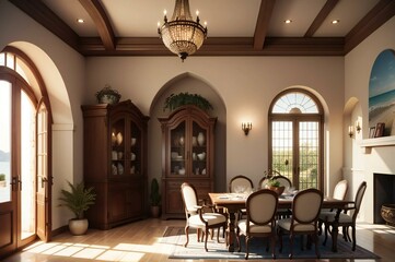 Spacious dining room with classic furniture and large windows casting warm sunlight across the elegant, well-appointed interior design