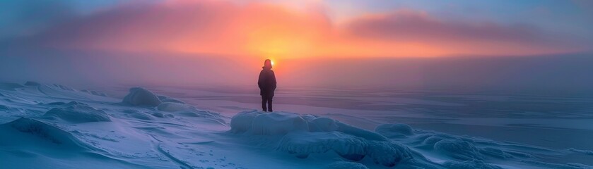  A person photographer captures the frozen tranquility of a wintry landscape at dawn