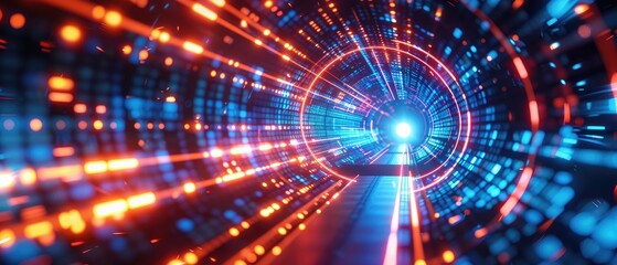Obraz premium abstract neon lights into digital technology tunnel futuristic technology design art work banner presentation template invitation