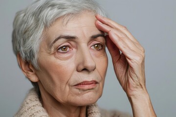 A concerned senior woman touching the area around her eye with a visible cataract affecting her vision on a neutral background
