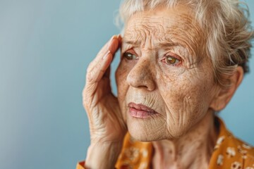 A concerned senior woman touching the area around her eye with a visible cataract affecting her vision on a neutral background - Powered by Adobe