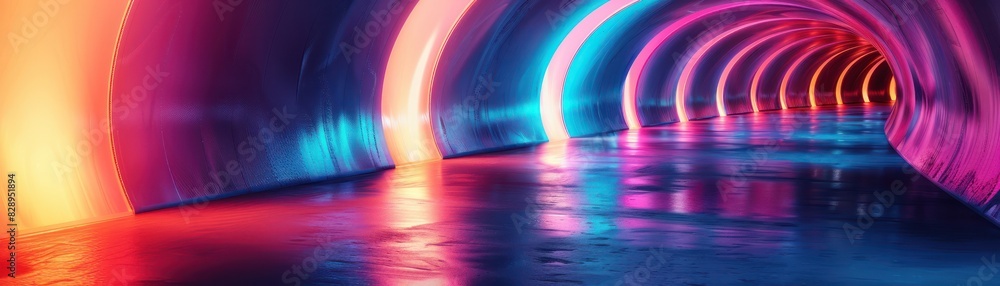 Poster vibrant, illuminated tunnel with colorful lights creating a futuristic and surreal experience. ideal