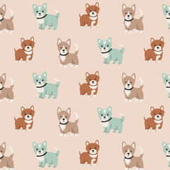 Puppies regular seamless pattern. Cute pets with collar repeat on pink background. Vector illustration in flat design.