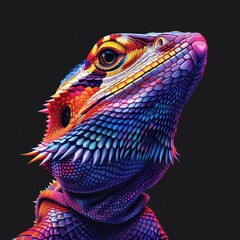 Obraz premium Vibrant multicolored lizard artwork showcasing detailed scales and vivid hues against a dark background. Perfect for unique designs.