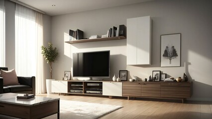 Inviting contemporary living room featuring a sleek tv stand, cozy couch, and wooden accents in a neutral color palette