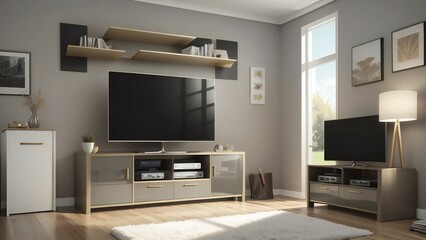 Contemporary living room with stylish furniture, large tv, and ample natural light from windows, featuring warm tones