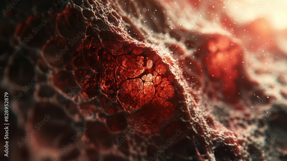 Poster a detailed close-up view of organic tissue, showcasing the intricate cellular structures and dynamic
