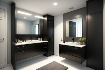 Modern bathroom with dual sink vanity, expansive mirrors, and minimalist design in neutral tones