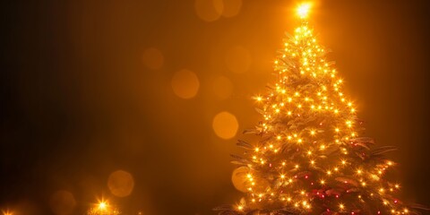 A warmly lit Christmas tree glowing against a dark background with soft bokeh lights
