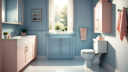 Serene and sophisticated bathroom interior design with natural light pouring in, setting a cozy and welcoming atmosphere