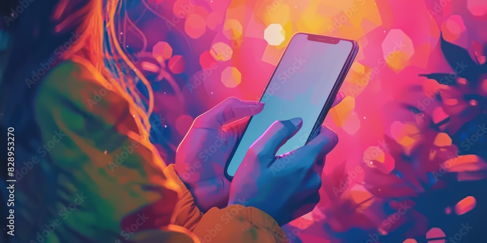 Poster a person using a smartphone surrounded by colorful, abstract lights, symbolizing connection and mode