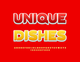 Vector bright advertisement Unique Dishes. Modern Stylish Font. Decorative Alphabet Letters and Numbers set. 