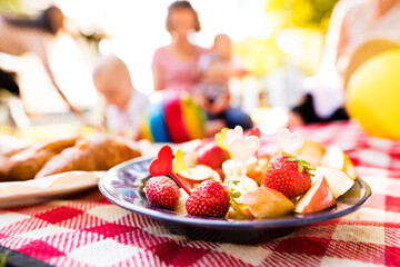 Mothers and babies enjoying group picnic outdoor in park, sitting on picnic blanket and preparing food and drinks.