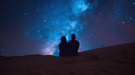 Two people are sitting on a sandy hillside, looking up at the stars