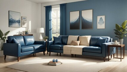 Stylish contemporary living room featuring a deep blue sofa set, chic wall art, and vibrant houseplants in a well-lit space