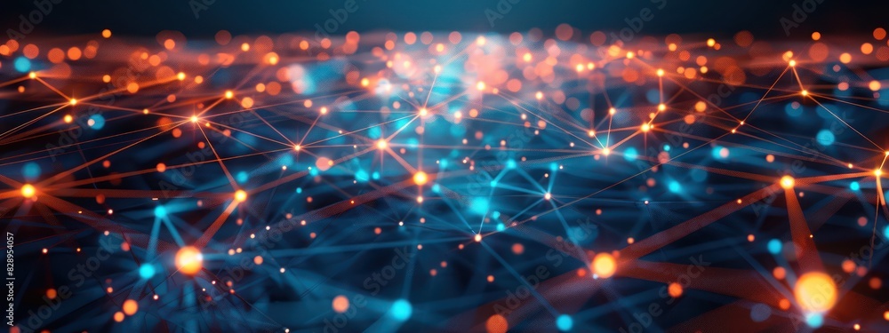 Poster abstract digital network with glowing nodes and connections, representing data, technology, and comm