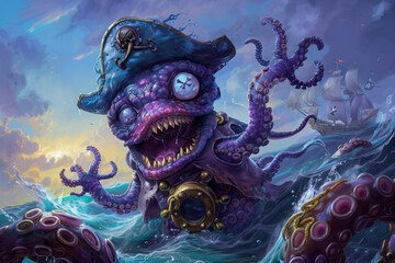 Obraz premium A monster with a pirate hat and a big mouth is swimming in the ocean