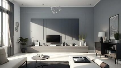 Elegant contemporary living room interior featuring stylish decor, expansive windows, and gentle sunlight creating a tranquil and welcoming ambiance