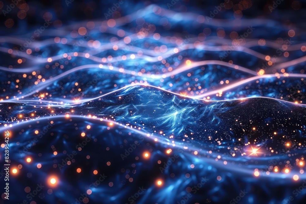 Poster abstract representation of a complex digital network with glowing lines and nodes, evoking concepts 