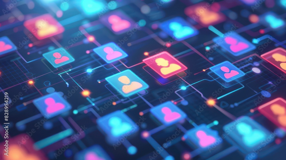 Poster abstract representation of a digital social network with interconnected profiles and icons in vivid 
