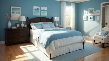 Soothing bedroom decor with blue accents, a luxurious king-size bed, coastal artwork, and abundant natural light for a serene atmosphere