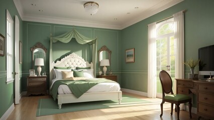 Elegant bedroom showcasing timeless furniture and calming green walls in a bright and spacious setting