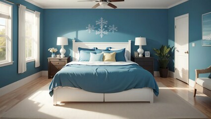 Stunningly decorated bedroom with azure walls, white furnishings, a cozy bed, and sunlight streaming through the window drapes