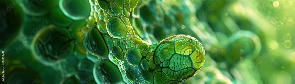 Poster close-up image of green microscopic cells showcasing intricate details and structures in a vibrant, 