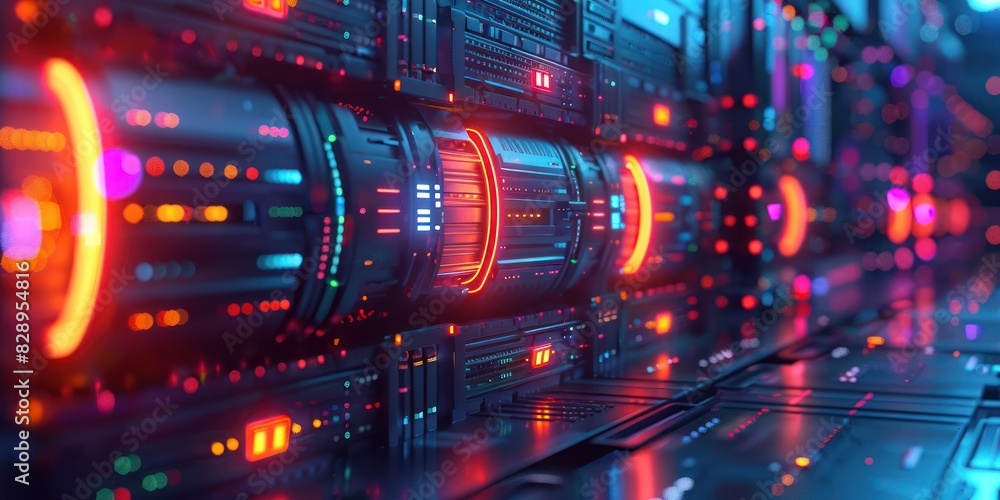 Aufkleber close-up of a futuristic data center with glowing led lights, showcasing advanced technology and hig