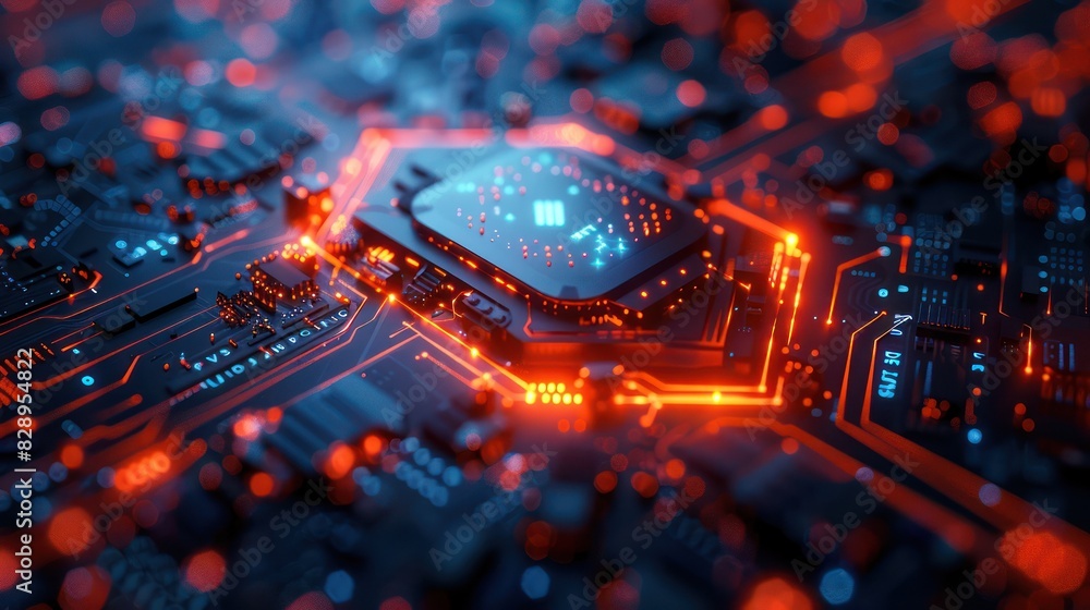 Poster close-up of a glowing microchip surrounded by intricate circuits and glowing lines, representing tec