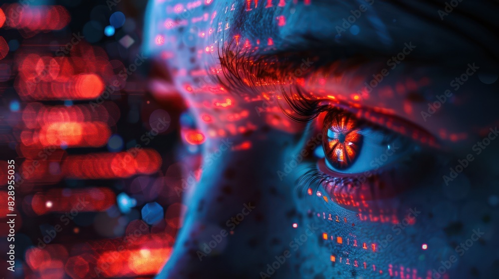 Poster close-up of a person's eye with glowing data and code reflecting, symbolizing technology, cybersecur