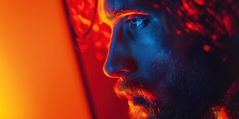 Close-up of a man's face illuminated by colorful neon light. Artistic and dramatic lighting creates a futuristic vibe with red and blue tones.