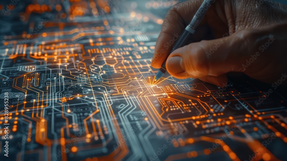Poster close-up of intricate electronic circuit board being edited by hand with glowing circuitry, represen