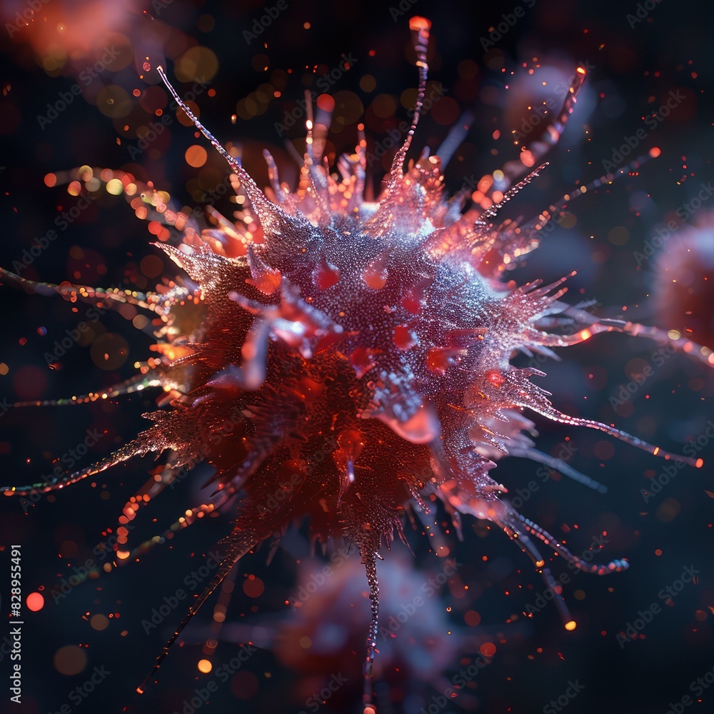 Poster close-up view of a microscopic virus highlighting its complex structure with vibrant red and orange 