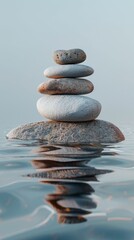 A stack of rock stones balanced atop a body of water