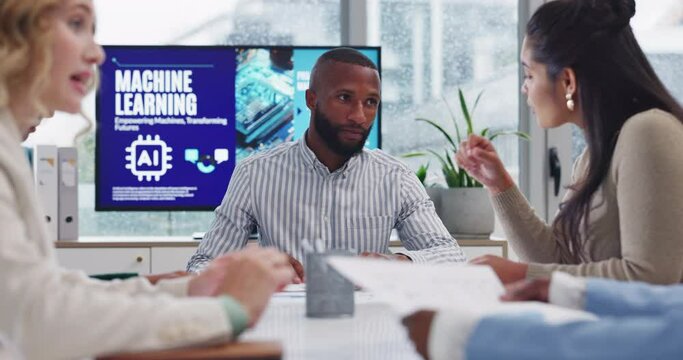 Documents, meeting and team of business people in office for ai machine learning with training or workshop. Group, discussion and data scientists with paperwork for online compliance in workplace.