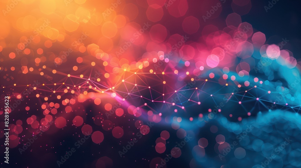 Poster colorful abstract digital background with bokeh lights and connecting lines, perfect for technology 